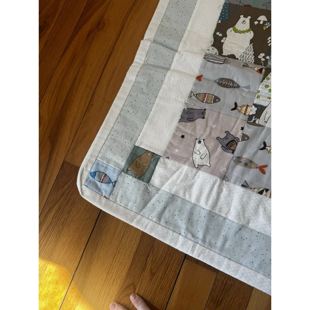 Handmade Bear And‎ Fish Patchwork Baby Boys Quilt Nursery Crib Blanket 37x49